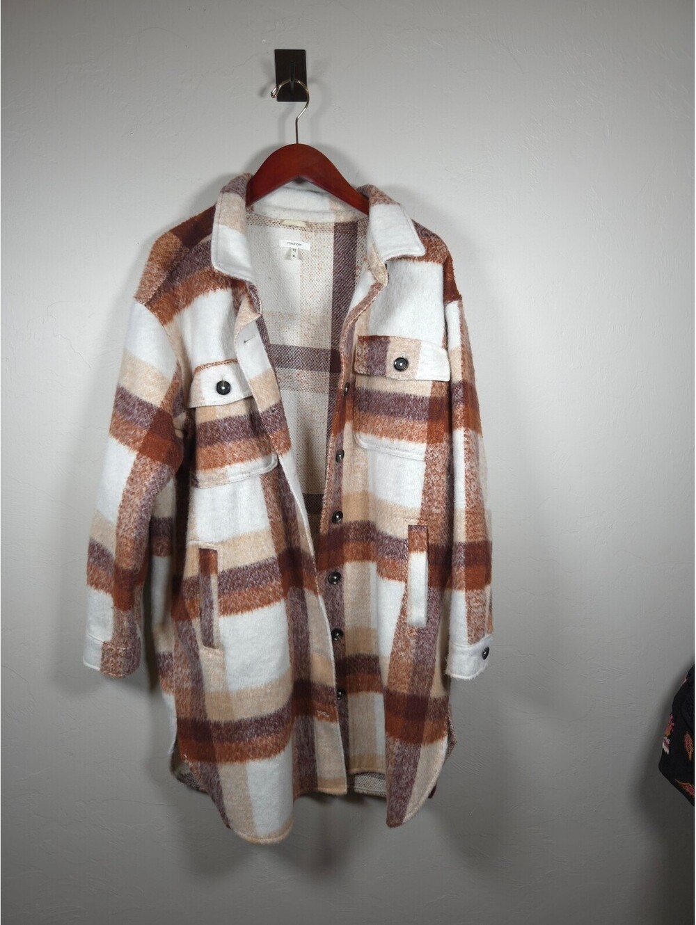 Brown and Cream Plaid Button-Up Shirt Jacket Size XL